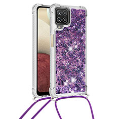 Custodia Silicone Cover Morbida Bling-Bling con Cinghia Cordino Mano S03 per Samsung Galaxy A12 Viola