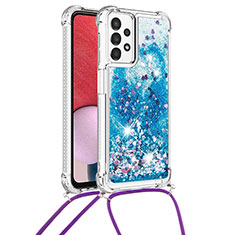 Custodia Silicone Cover Morbida Bling-Bling con Cinghia Cordino Mano S03 per Samsung Galaxy A13 4G Blu