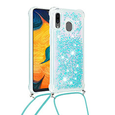 Custodia Silicone Cover Morbida Bling-Bling con Cinghia Cordino Mano S03 per Samsung Galaxy A20 Cielo Blu