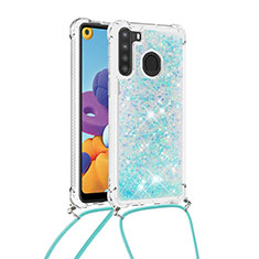 Custodia Silicone Cover Morbida Bling-Bling con Cinghia Cordino Mano S03 per Samsung Galaxy A21 Cielo Blu