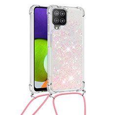 Custodia Silicone Cover Morbida Bling-Bling con Cinghia Cordino Mano S03 per Samsung Galaxy A22 4G Rosa