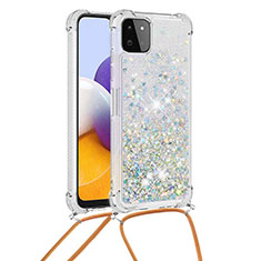 Custodia Silicone Cover Morbida Bling-Bling con Cinghia Cordino Mano S03 per Samsung Galaxy A22 5G Argento