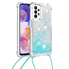 Custodia Silicone Cover Morbida Bling-Bling con Cinghia Cordino Mano S03 per Samsung Galaxy A23 4G Cielo Blu