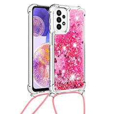 Custodia Silicone Cover Morbida Bling-Bling con Cinghia Cordino Mano S03 per Samsung Galaxy A23 4G Rosa Caldo