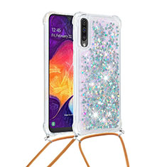 Custodia Silicone Cover Morbida Bling-Bling con Cinghia Cordino Mano S03 per Samsung Galaxy A30S Argento