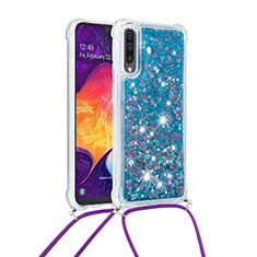 Custodia Silicone Cover Morbida Bling-Bling con Cinghia Cordino Mano S03 per Samsung Galaxy A30S Blu