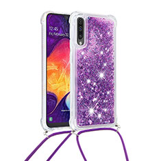 Custodia Silicone Cover Morbida Bling-Bling con Cinghia Cordino Mano S03 per Samsung Galaxy A30S Viola