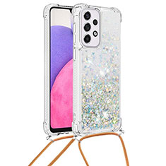 Custodia Silicone Cover Morbida Bling-Bling con Cinghia Cordino Mano S03 per Samsung Galaxy A33 5G Argento