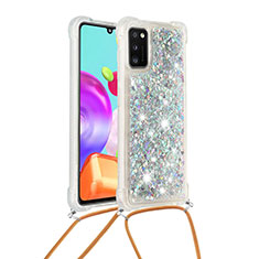 Custodia Silicone Cover Morbida Bling-Bling con Cinghia Cordino Mano S03 per Samsung Galaxy A41 Argento