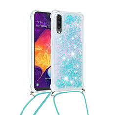 Custodia Silicone Cover Morbida Bling-Bling con Cinghia Cordino Mano S03 per Samsung Galaxy A50 Cielo Blu