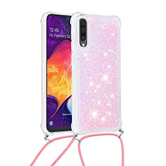 Custodia Silicone Cover Morbida Bling-Bling con Cinghia Cordino Mano S03 per Samsung Galaxy A50 Rosa