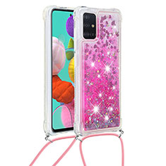 Custodia Silicone Cover Morbida Bling-Bling con Cinghia Cordino Mano S03 per Samsung Galaxy A51 4G Rosa Caldo