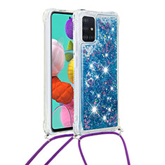 Custodia Silicone Cover Morbida Bling-Bling con Cinghia Cordino Mano S03 per Samsung Galaxy A51 5G Blu