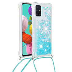 Custodia Silicone Cover Morbida Bling-Bling con Cinghia Cordino Mano S03 per Samsung Galaxy A51 5G Cielo Blu