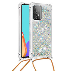 Custodia Silicone Cover Morbida Bling-Bling con Cinghia Cordino Mano S03 per Samsung Galaxy A52 4G Argento