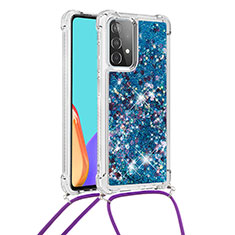 Custodia Silicone Cover Morbida Bling-Bling con Cinghia Cordino Mano S03 per Samsung Galaxy A52 4G Blu