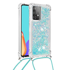 Custodia Silicone Cover Morbida Bling-Bling con Cinghia Cordino Mano S03 per Samsung Galaxy A52 4G Cielo Blu