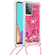 Custodia Silicone Cover Morbida Bling-Bling con Cinghia Cordino Mano S03 per Samsung Galaxy A52s 5G Rosa Caldo