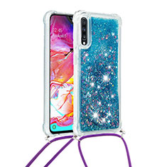 Custodia Silicone Cover Morbida Bling-Bling con Cinghia Cordino Mano S03 per Samsung Galaxy A70 Blu