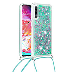 Custodia Silicone Cover Morbida Bling-Bling con Cinghia Cordino Mano S03 per Samsung Galaxy A70S Verde