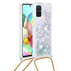 Custodia Silicone Cover Morbida Bling-Bling con Cinghia Cordino Mano S03 per Samsung Galaxy A71 4G A715 Argento