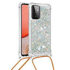 Custodia Silicone Cover Morbida Bling-Bling con Cinghia Cordino Mano S03 per Samsung Galaxy A72 4G Argento