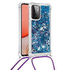 Custodia Silicone Cover Morbida Bling-Bling con Cinghia Cordino Mano S03 per Samsung Galaxy A72 4G Blu