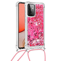 Custodia Silicone Cover Morbida Bling-Bling con Cinghia Cordino Mano S03 per Samsung Galaxy A72 4G Rosa Caldo