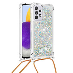 Custodia Silicone Cover Morbida Bling-Bling con Cinghia Cordino Mano S03 per Samsung Galaxy A73 5G Argento