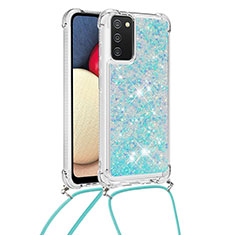 Custodia Silicone Cover Morbida Bling-Bling con Cinghia Cordino Mano S03 per Samsung Galaxy F02S SM-E025F Cielo Blu