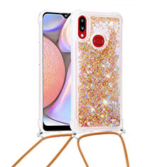 Custodia Silicone Cover Morbida Bling-Bling con Cinghia Cordino Mano S03 per Samsung Galaxy M01s Oro