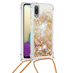 Custodia Silicone Cover Morbida Bling-Bling con Cinghia Cordino Mano S03 per Samsung Galaxy M02 Oro