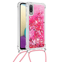 Custodia Silicone Cover Morbida Bling-Bling con Cinghia Cordino Mano S03 per Samsung Galaxy M02 Rosa Caldo