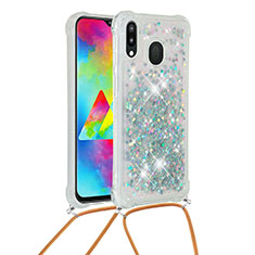 Custodia Silicone Cover Morbida Bling-Bling con Cinghia Cordino Mano S03 per Samsung Galaxy M20 Argento