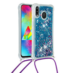 Custodia Silicone Cover Morbida Bling-Bling con Cinghia Cordino Mano S03 per Samsung Galaxy M20 Blu