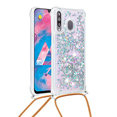 Custodia Silicone Cover Morbida Bling-Bling con Cinghia Cordino Mano S03 per Samsung Galaxy M30 Argento