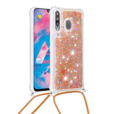 Custodia Silicone Cover Morbida Bling-Bling con Cinghia Cordino Mano S03 per Samsung Galaxy M30 Oro