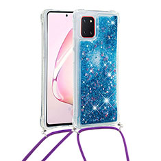 Custodia Silicone Cover Morbida Bling-Bling con Cinghia Cordino Mano S03 per Samsung Galaxy M60s Blu