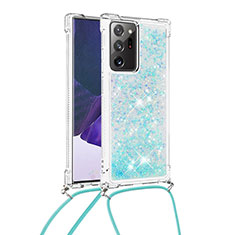 Custodia Silicone Cover Morbida Bling-Bling con Cinghia Cordino Mano S03 per Samsung Galaxy Note 20 Ultra 5G Cielo Blu