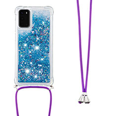 Custodia Silicone Cover Morbida Bling-Bling con Cinghia Cordino Mano S03 per Samsung Galaxy S20 Blu