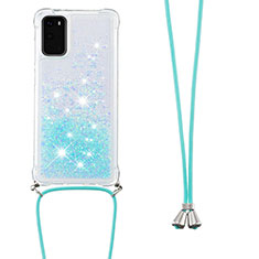 Custodia Silicone Cover Morbida Bling-Bling con Cinghia Cordino Mano S03 per Samsung Galaxy S20 Cielo Blu