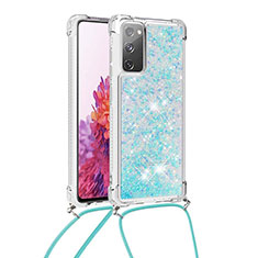 Custodia Silicone Cover Morbida Bling-Bling con Cinghia Cordino Mano S03 per Samsung Galaxy S20 FE (2022) 5G Cielo Blu