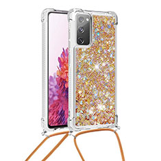 Custodia Silicone Cover Morbida Bling-Bling con Cinghia Cordino Mano S03 per Samsung Galaxy S20 FE 5G Oro