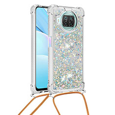 Custodia Silicone Cover Morbida Bling-Bling con Cinghia Cordino Mano S03 per Xiaomi Mi 10i 5G Argento