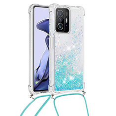Custodia Silicone Cover Morbida Bling-Bling con Cinghia Cordino Mano S03 per Xiaomi Mi 11T Pro 5G Cielo Blu