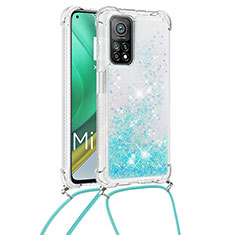 Custodia Silicone Cover Morbida Bling-Bling con Cinghia Cordino Mano S03 per Xiaomi Redmi K30S 5G Cielo Blu