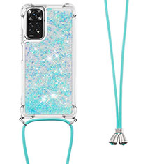 Custodia Silicone Cover Morbida Bling-Bling con Cinghia Cordino Mano YB1 per Xiaomi Redmi Note 11S 4G Cielo Blu