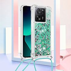 Custodia Silicone Cover Morbida Bling-Bling con Cinghia Cordino Mano YB2 per Xiaomi Mi 13T 5G Verde