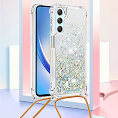 Custodia Silicone Cover Morbida Bling-Bling con Cinghia Cordino Mano YB3 per Samsung Galaxy A24 4G Azzurro