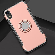 Custodia Silicone e Plastica Opaca Cover con Anello Supporto S01 per Apple iPhone XR Oro Rosa